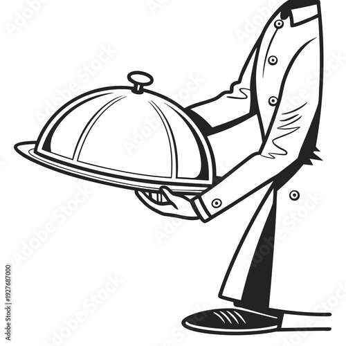 A cartoon chef presenting a covered dish