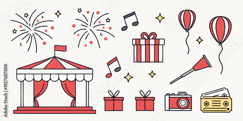 A vibrant celebration with circus tents, balloons, and festive decorations Vector