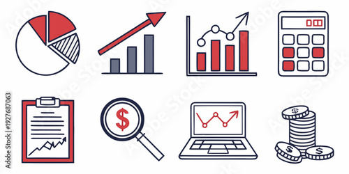A collection of icons representing business, finance, and data analysis concepts. Vector