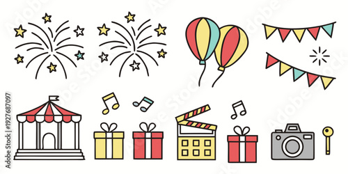 Colorful celebration with fireworks, balloons, and festive decorations Vector