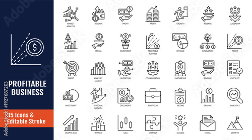 Profitable Business icon set. Icons related to business profit. Outline icon with Editable stroke. Vector illustration