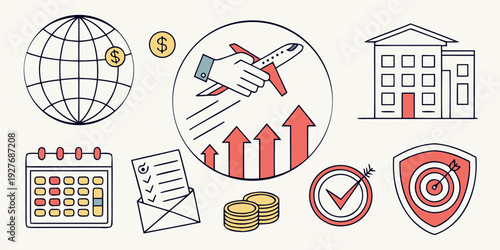 Illustration of various icons representing travel, tourism, and hospitality services Vector