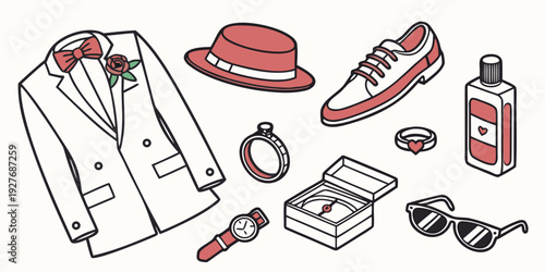 A collection of travel essentials including a passport, wallet, and various accessories Vector