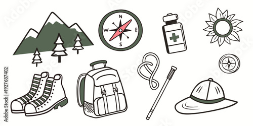 A collection of camping and outdoor adventure icons. Vector