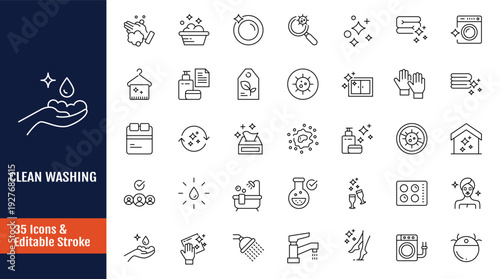 Clean washing icon set. Outline icon with Editable stroke. Vector illustration