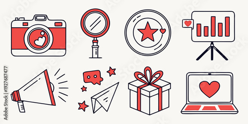 A collection of icons representing various aspects of celebration and communication. Vector