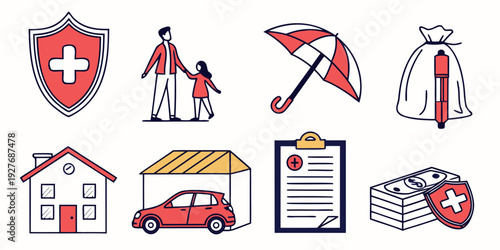 Assorted icons representing various aspects of insurance and protection Vector