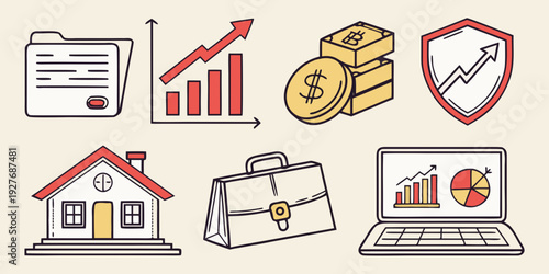 Icons representing various aspects of real estate and financial investments Vector