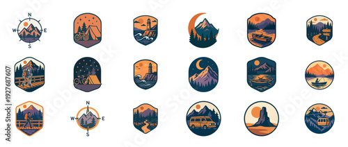 Vintage outdoor adventure badges with nature and travel themes