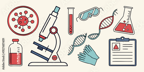 Assorted medical equipment and supplies arranged in a row Vector