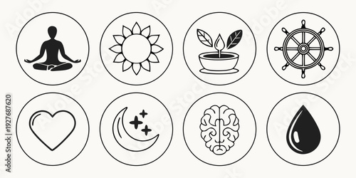 Eight icons representing various aspects of health, wellness, and nature. Vector