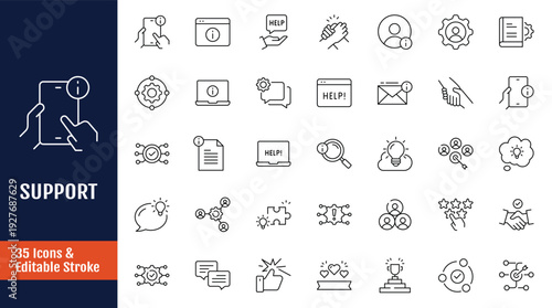 Support icon set. Icons related to technical support, helpline, call center, mutual aid, service, help, hotline, assistance and more. Outline icon with Editable stroke. Vector illustration
