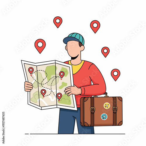 Cartoon Traveler with Map and Luggage.