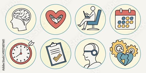 Assorted icons representing various activities and interests, including sports, arts, and hobbies. Vector