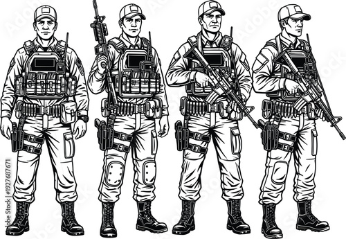 Armed Tactical Soldiers Team Military Personnel Vector Illustration Detailed Combat Uniform Set Isolated on Light Background
