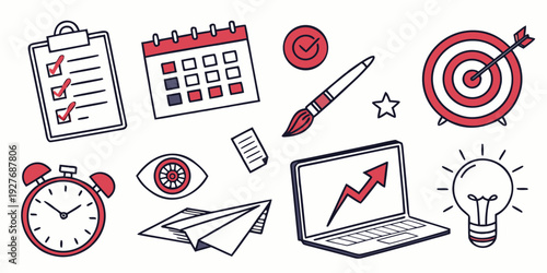 A variety of productivity tools and objects arranged on a white background. Vector