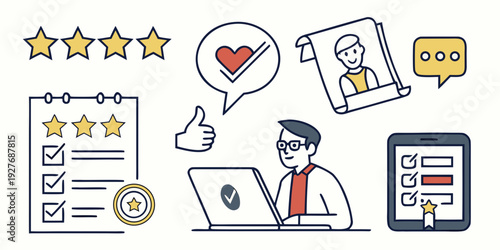 Diverse illustrations representing various aspects of customer service and support. Vector