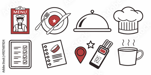 Assorted kitchen and cooking icons representing culinary arts and food preparation. Vector