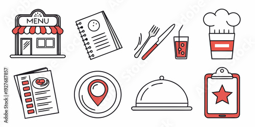 A collection of icons representing various aspects of the food service industry. Vector