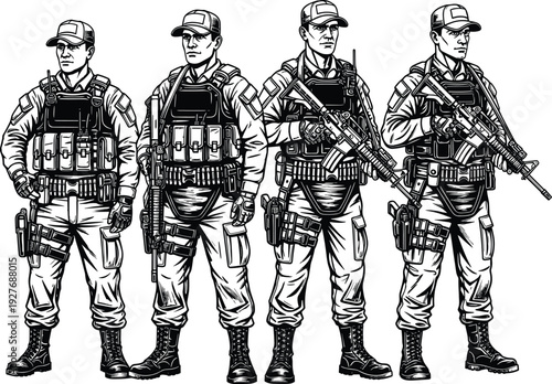 Tactical Soldier Team Armed Military Personnel Vector Illustration Detailed Uniform Silhouette Set Isolated on Light Background