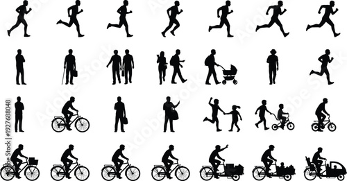 Black-and-white vector silhouette illustration of diverse human activities, including running, walking, cycling, using devices, pushing strollers, and interacting, symbolizing mobility