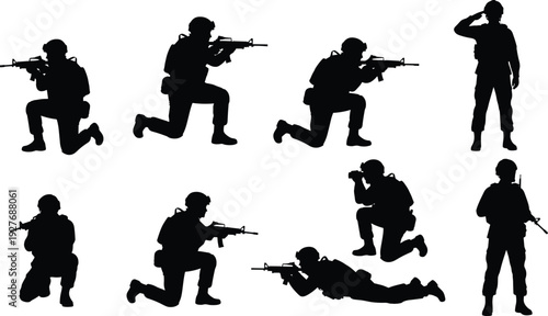 Black-and-white vector silhouette illustration of eight soldiers in tactical poses, including saluting, aiming rifles, crouching, and observing, symbolizing military training, combat, and discipline
