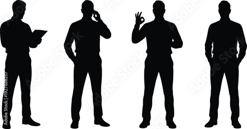 Black-and-white vector silhouette illustration of four individuals in varied poses, holding clipboard, making gestures, showing “OK” sign, and standing with hands in pockets