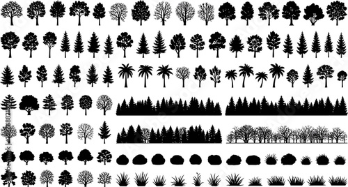 Diverse Collection of Tree, Bush, and Grass Silhouettes for Design Elements