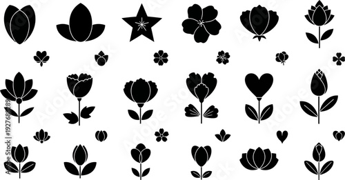 Minimalist Black Silhouette Flower Icons and Floral Elements Vector Illustration Set