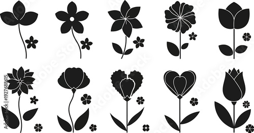 Diverse collection of minimalist black silhouette flower illustrations on a clean white background.