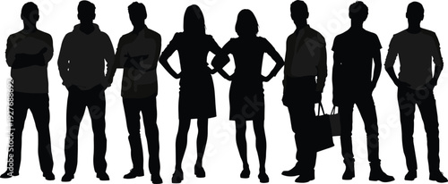 Black-and-white vector silhouette illustration of eight diverse individuals standing side by side in casual and semi-formal poses, symbolizing teamwork, diversity, and anonymity