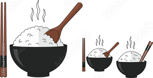Steaming Rice Bowl with Chopsticks and Wooden Spoon Traditional Asian Food Illustration Set Isolated on Light Background