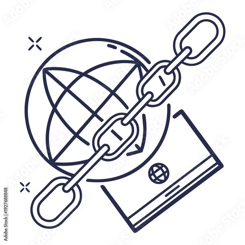 A blue line drawing of a globe with a chain and a passport