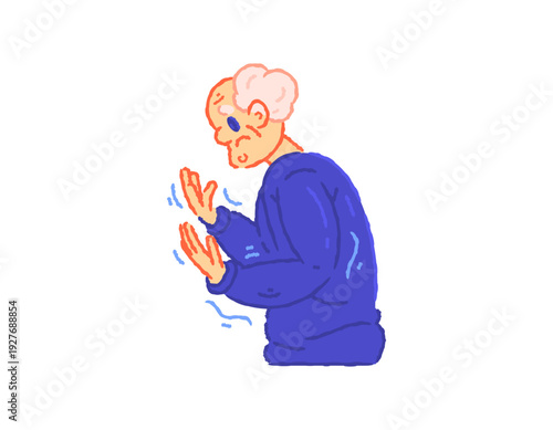 Illustration of an elderly man with a tremor. Parkinson's disease concept. Progressive motor disorder, trembling hands, balance disorders. Health problems. Expression and gesture. Character. Flat