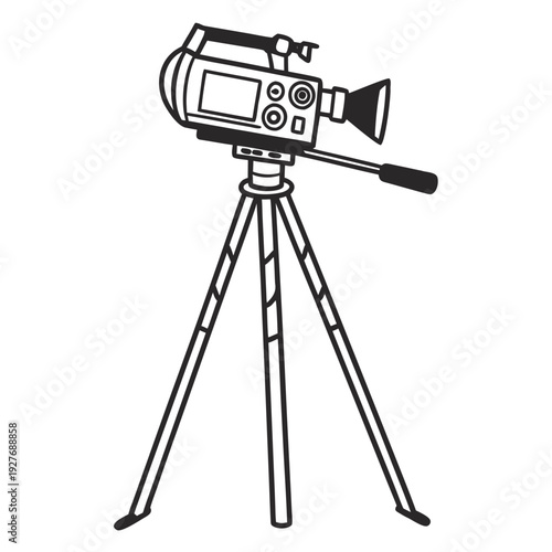 A video camera on a tripod stand