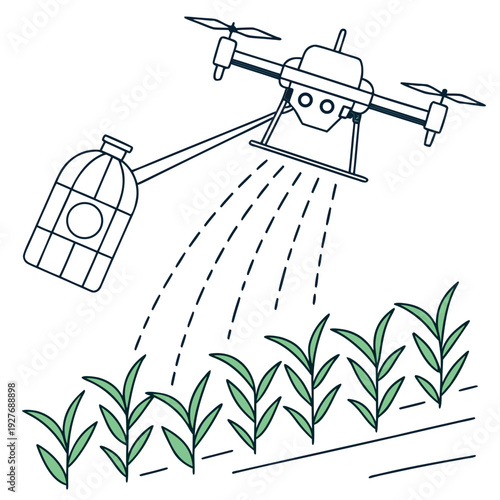 A drone is flying over a field spraying plants