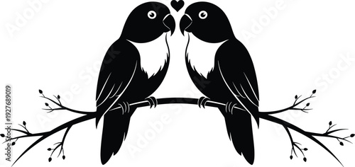Black-and-white vector silhouette illustration of two lovebirds perched on branch with heart symbol, showcasing affection, companionship, romance, and nature themes