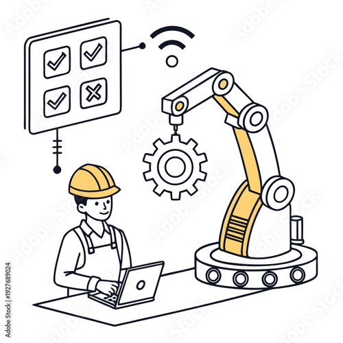 A worker operates a robotic arm with a laptop and a control panel