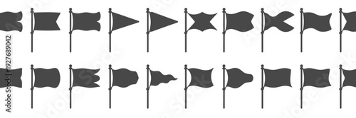 Collection of black silhouette flags on poles in various shapes and sizes