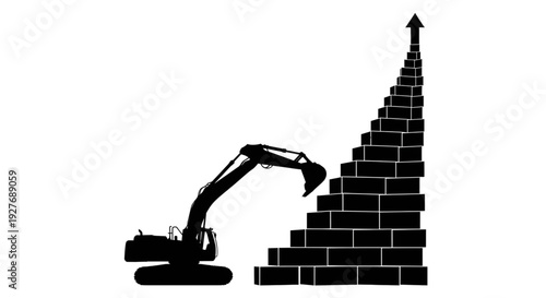 Vector silhouette of an excavator building a brick staircase with an upward arrow, representing business growth, industrial success, and construction progress.