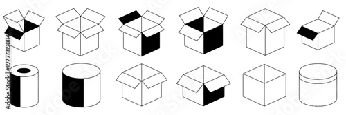 Collection of geometric primarily consisting of boxes and cylinders with black and white color