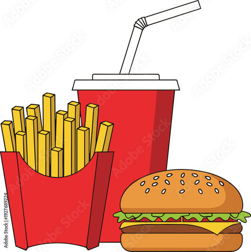 Fast food meal vector illustration with hamburger, french fries, and soft drink cup, simple flat design isolated on white background