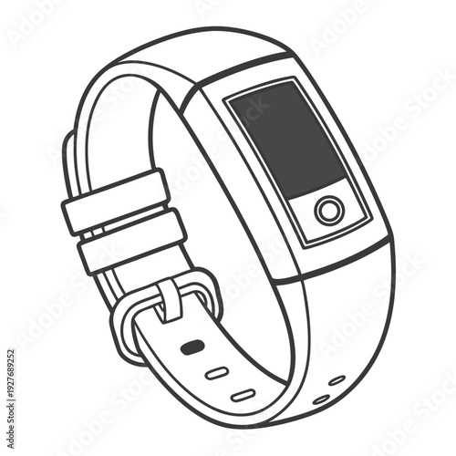 A line drawing of a smart watch with a digital display