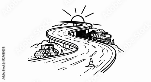 Construction of an elevated highway with a steamroller and dump truck