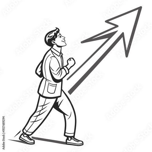 A man walking towards a large arrow pointing upwards