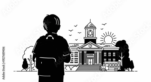 Silhouette student approaches school building with bell tower under sun