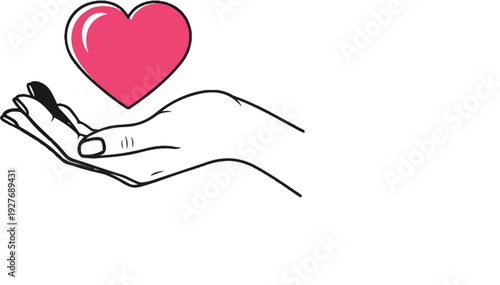 Sketch of a hand cradling a pink heart with a white background