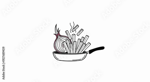 Sliced red onion and fries in a frying pan with steam