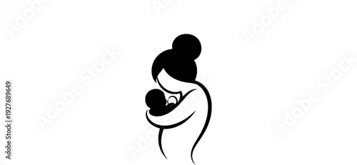 Stylized silhouette of a mother holding a baby in her arms, black on white