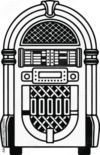 Vintage jukebox illustration with detailed buttons and speaker grille